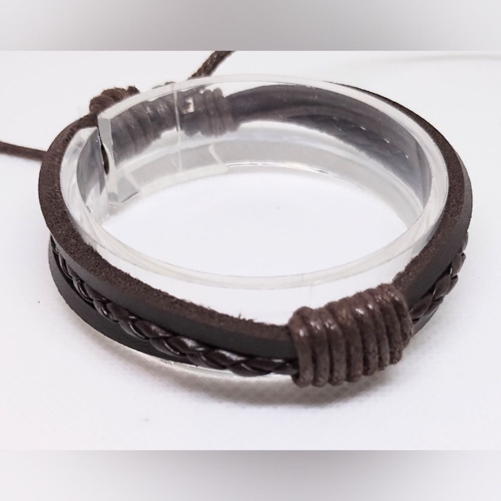 Men's bracelet leather braided‎ layered brown new e99